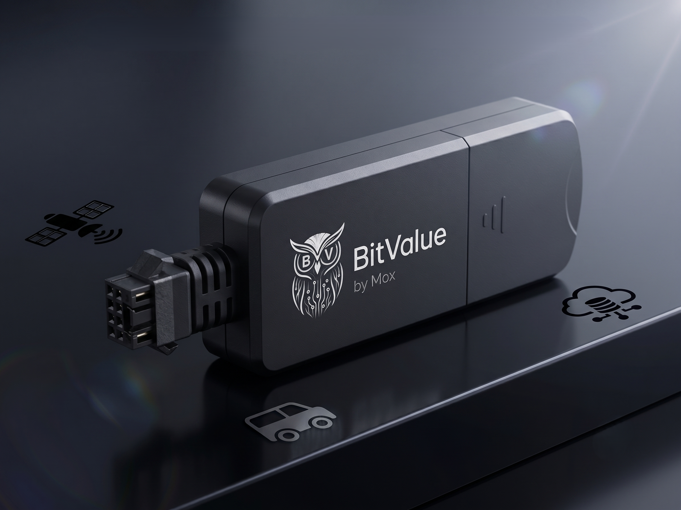 Módem BitValue by Mox renderizado con conexión a satélite, nube y vehículo